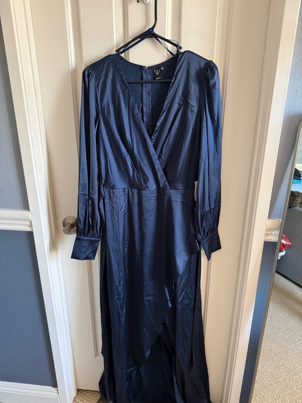 Windsor Navy Satin Faux-Wrap Maxi Dress